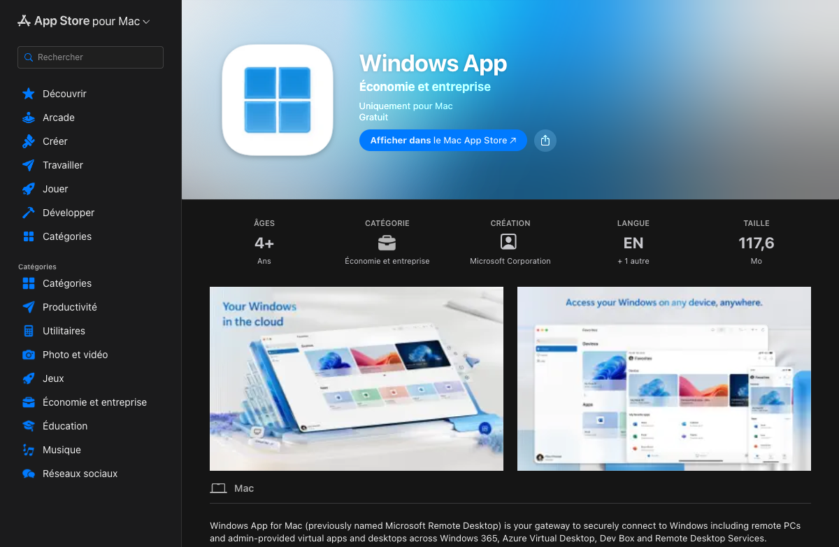 Windows App sur le Mac App Store